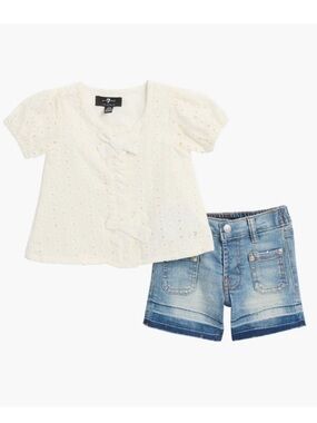 7 For All Mankind Infant Baby Toddler Denim Shorts & Top Eyelet Shirt Set Jeans